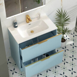 Royal Bathrooms Evora 800mm Powder Blue Fluted Floor Standing Bathroom Vanity Unit 2 Drawer Cabinet With Ceramic Basin & Brushed Brass Handles - thumbnail 5