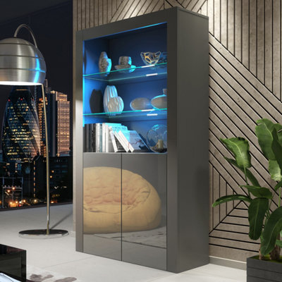 Display Cabinet Spectrum 170Cm - Dark Grey With Gloss Doors And Led Lights - image 1