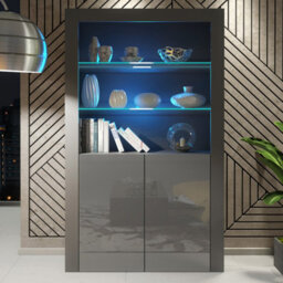 Display Cabinet Spectrum 170Cm - Dark Grey With Gloss Doors And Led Lights - thumbnail 4