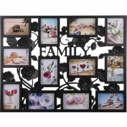 Biznest Multi Aperture Rose Floral Entwined Photo Frame Wall Mount 'family' Text 12 Picture 6X4'' Collage Plastic Black 69X55X2 Cm - thumbnail 3