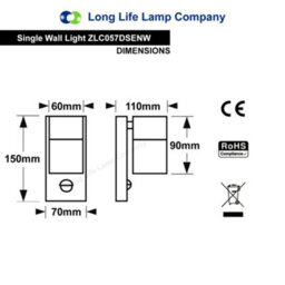 Long Life Lamps Company Pir Matt White Stainless Steel Single Outdoor Down Wall Light Movement Sensor Zlc057Dsenw - thumbnail 2