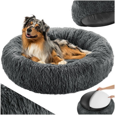Tectake Dog Bed Maja - Round With Long Plush, Thick Padding With Raised Edge, Washable & Non-Slip  70 Cm - Grey - image 1