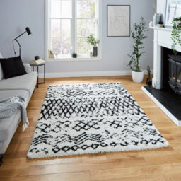 White Black Shaggy Geometric Moroccan Shaggy Modern Easy To Clean Rug For Dining Room-160Cm X 220Cm - thumbnail 1