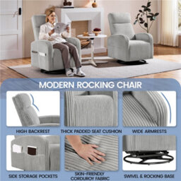 Yaheetech Light Grey Corduroy Swivel Nursery Glider Chair For Nursery Room - thumbnail 8
