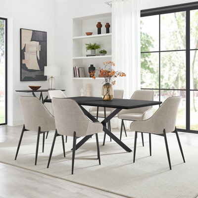 Furniturebox Uk Leonardo Black Top Dining Table & 6 Beaumont Cream Fabric Chairs - image 1