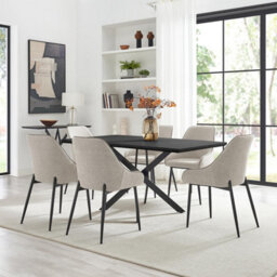 Furniturebox Uk Leonardo Black Top Dining Table & 6 Beaumont Cream Fabric Chairs