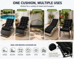 Shopnbits Sun Lounger Cushion Pad 125X48X8Cm, Recliner Chair Cushion, Garden Bench Seat Pad With Ties, Black - thumbnail 7