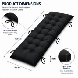 Shopnbits Sun Lounger Cushion Pad 125X48X8Cm, Recliner Chair Cushion, Garden Bench Seat Pad With Ties, Black - thumbnail 2