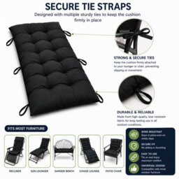 Shopnbits Sun Lounger Cushion Pad 125X48X8Cm, Recliner Chair Cushion, Garden Bench Seat Pad With Ties, Black - thumbnail 4