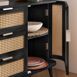 2 Door 3 Drawer Rattan Sideboard Curved Black Cupboard Birlea Sark Storage Cabinet - thumbnail 3