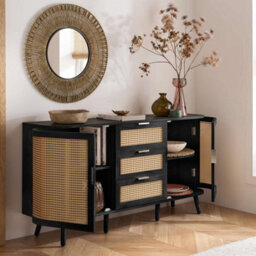 2 Door 3 Drawer Rattan Sideboard Curved Black Cupboard Birlea Sark Storage Cabinet - thumbnail 2