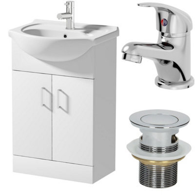Affine 550mm Freestanding Bathroom Vanity Unit Basin Sink White Tap & Waste Bundle - image 1