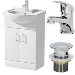 Affine 550mm Freestanding Bathroom Vanity Unit Basin Sink White Tap & Waste Bundle - thumbnail 1