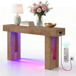 London Boutique Farmhouse Console Table, 160 X 35 X 85 Cm Narrow Hallway Table, 6 Colour Led Lights, Charging Station, Natural - thumbnail 8