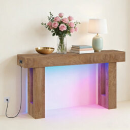 London Boutique Farmhouse Console Table, 160 X 35 X 85 Cm Narrow Hallway Table, 6 Colour Led Lights, Charging Station, Natural - thumbnail 2