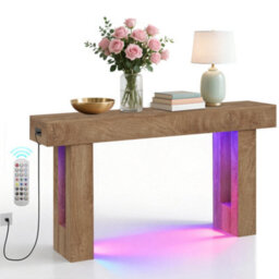 London Boutique Farmhouse Console Table, 160 X 35 X 85 Cm Narrow Hallway Table, 6 Colour Led Lights, Charging Station, Natural - thumbnail 3