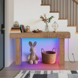 London Boutique Farmhouse Console Table, 160 X 35 X 85 Cm Narrow Hallway Table, 6 Colour Led Lights, Charging Station, Natural - thumbnail 7