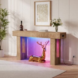 London Boutique Farmhouse Console Table, 160 X 35 X 85 Cm Narrow Hallway Table, 6 Colour Led Lights, Charging Station, Natural