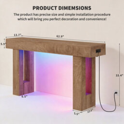 London Boutique Farmhouse Console Table, 160 X 35 X 85 Cm Narrow Hallway Table, 6 Colour Led Lights, Charging Station, Natural - thumbnail 4