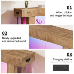 London Boutique Farmhouse Console Table, 160 X 35 X 85 Cm Narrow Hallway Table, 6 Colour Led Lights, Charging Station, Natural - thumbnail 5
