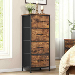 Modern Fabric Chest Of Drawers, 4-Drawer Bedroom Storage Unit For Closet, Hallway And Living Room, Rustic Brown And Ink Black