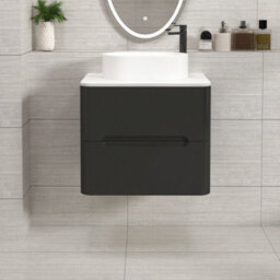 Royal Bathrooms Venice 600mm Matt Nocturne Black Wall Mounted Bathroom Countertop Vanity Unit 2 Drawer With Peak Basin - thumbnail 1