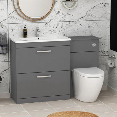 Royal Bathrooms Turin 1300mm Indigo Grey Gloss 2 Drawer Furniture Pack With Minimalist Basin & Elva Back To Wall Toilet - image 1