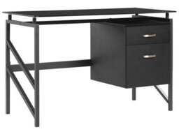 Wyld And Coco Black Tempered Glass Top Home Office Desk 117 X 57 Cm With Metal Frame And Two Drawers - thumbnail 3
