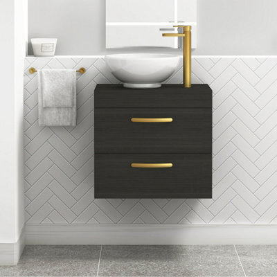 Royal Bathrooms 600mm Hale Black 2 Drawer Wall Mounted Bathroom Vanity Unit With Basin & Breeze Countertop Sinkwith Brushed Brass Handle - image 1