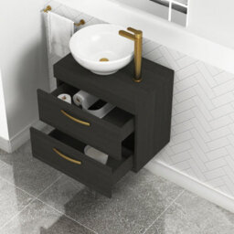 Royal Bathrooms 600mm Hale Black 2 Drawer Wall Mounted Bathroom Vanity Unit With Basin & Breeze Countertop Sinkwith Brushed Brass Handle - thumbnail 3