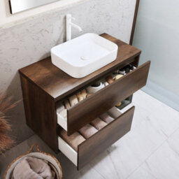 Homestylestore Dark Oak 1000mm Led Lit Wall Hung Bathroom Vanity Unit With Rectangular Chalk Countertop Basin - thumbnail 2