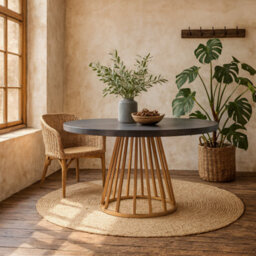 Wyld Haus Lucca Round Dining Table, Grey Faux Dark Concrete Top With Brushed Gold Base - thumbnail 1
