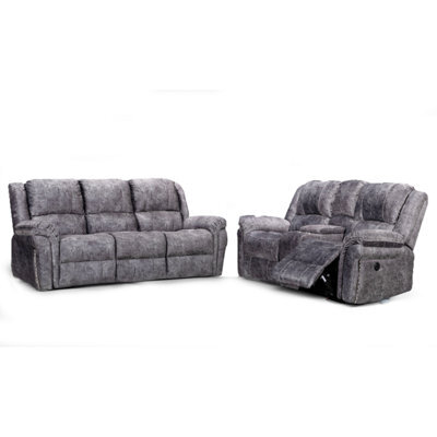 Furnishings For Less UK Galaxy 3 + 2 Electric Reclining Grey Plush Velvet Fabric Sofa Suite - image 1