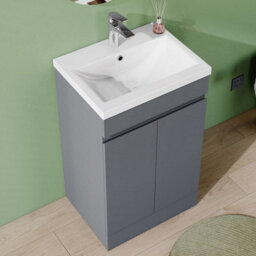 AVER-GROWTH 500mm Vanity Unit With Basin High Gloss Grey Ceramic Sink Floor Standing Bathroom Storage Cabinet Soft Close Hinges 2 Doors - thumbnail 3