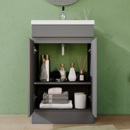 AVER-GROWTH 500mm Vanity Unit With Basin High Gloss Grey Ceramic Sink Floor Standing Bathroom Storage Cabinet Soft Close Hinges 2 Doors - thumbnail 4