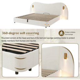 Abrihome Upholstered Double Bed, 180 X 200 Cm, Hydraulic Bed With Usb Charging Port And Lamp, Headboard, And Ample Storage Space, White - thumbnail 8