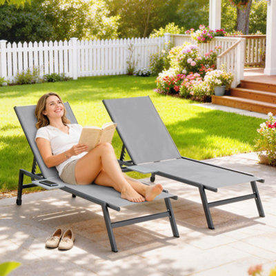 Outsunny Sun Loungers For Garden Set Of 2 With Side Tray Table, Grey - image 1