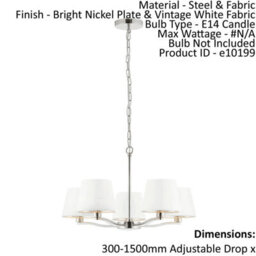 Ceiling Pendant Light Bright Nickel Plate & Vintage White Fabric 5 X 40W E14 - thumbnail 2