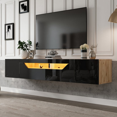 Floating Wall-Mounted Tv Stand With Led Lights, High Gloss Finish, Pull-Down Door And 2 Doors, Black - image 1