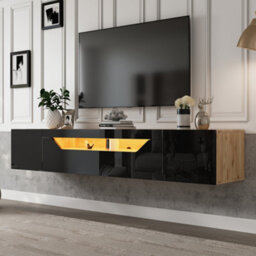 Floating Wall-Mounted Tv Stand With Led Lights, High Gloss Finish, Pull-Down Door And 2 Doors, Black - thumbnail 1