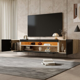 Floating Wall-Mounted Tv Stand With Led Lights, High Gloss Finish, Pull-Down Door And 2 Doors, Black - thumbnail 5