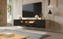 Floating Wall-Mounted Tv Stand With Led Lights, High Gloss Finish, Pull-Down Door And 2 Doors, Black - thumbnail 9