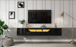 Floating Wall-Mounted Tv Stand With Led Lights, High Gloss Finish, Pull-Down Door And 2 Doors, Black - thumbnail 8