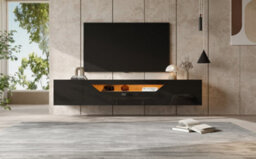 Floating Wall-Mounted Tv Stand With Led Lights, High Gloss Finish, Pull-Down Door And 2 Doors, Black - thumbnail 7