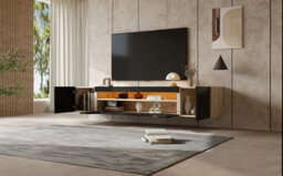 Floating Wall-Mounted Tv Stand With Led Lights, High Gloss Finish, Pull-Down Door And 2 Doors, Black - thumbnail 6