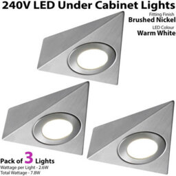 3 Pack Brushed Nickel Triangle Under Cabinet Kitchen Lights - 240V Mains Powered Warm White Led - thumbnail 2