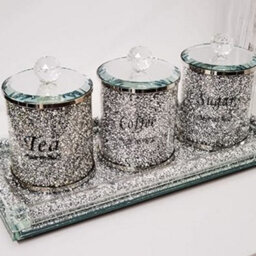 Biznest Set Of Diamond Crushed Tea Coffee Sugar Jars & Full Crushed Diamond Rectangle Tray Candle Holder 39X18Cm