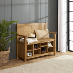 The Furniture Market Cotswold Rustic Smoked Oak Monks Hallway Bench With Shoe Storage - thumbnail 2
