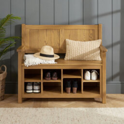 The Furniture Market Cotswold Rustic Smoked Oak Monks Hallway Bench With Shoe Storage - thumbnail 3