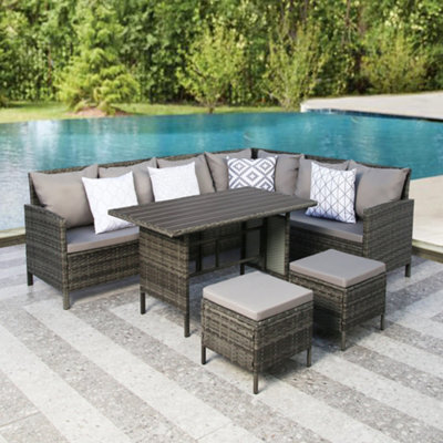 Thalia - Outdoor Corner Sofa Set In Grey Rattan. 8 Seater With  Polywood Table Top, Footstools & Weatherproof Cushions - image 1